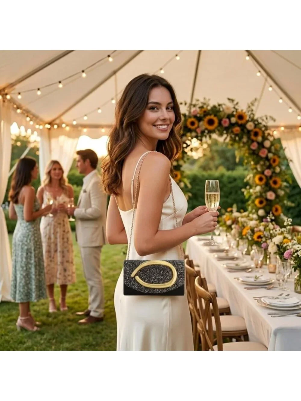 👜Women's Black Sparkly Vegan Leather Clutch Gold Handle Evening Bag Party